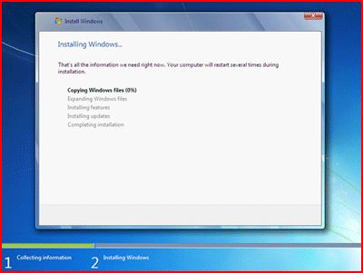 Windows 7 Setup Screen, Copying Files
